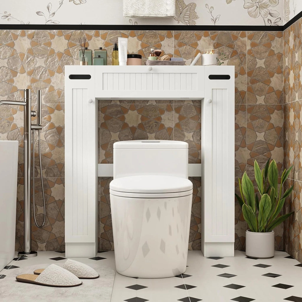 Mobile Sopra Lavatrice da Bagno, Armadietto su WC con Ripiani, Portarotoli, Porta con Apertura a Ribalta e Ripiani Regolabili, Mobile Salvaspazio in Legno con 2 Ante Laterali