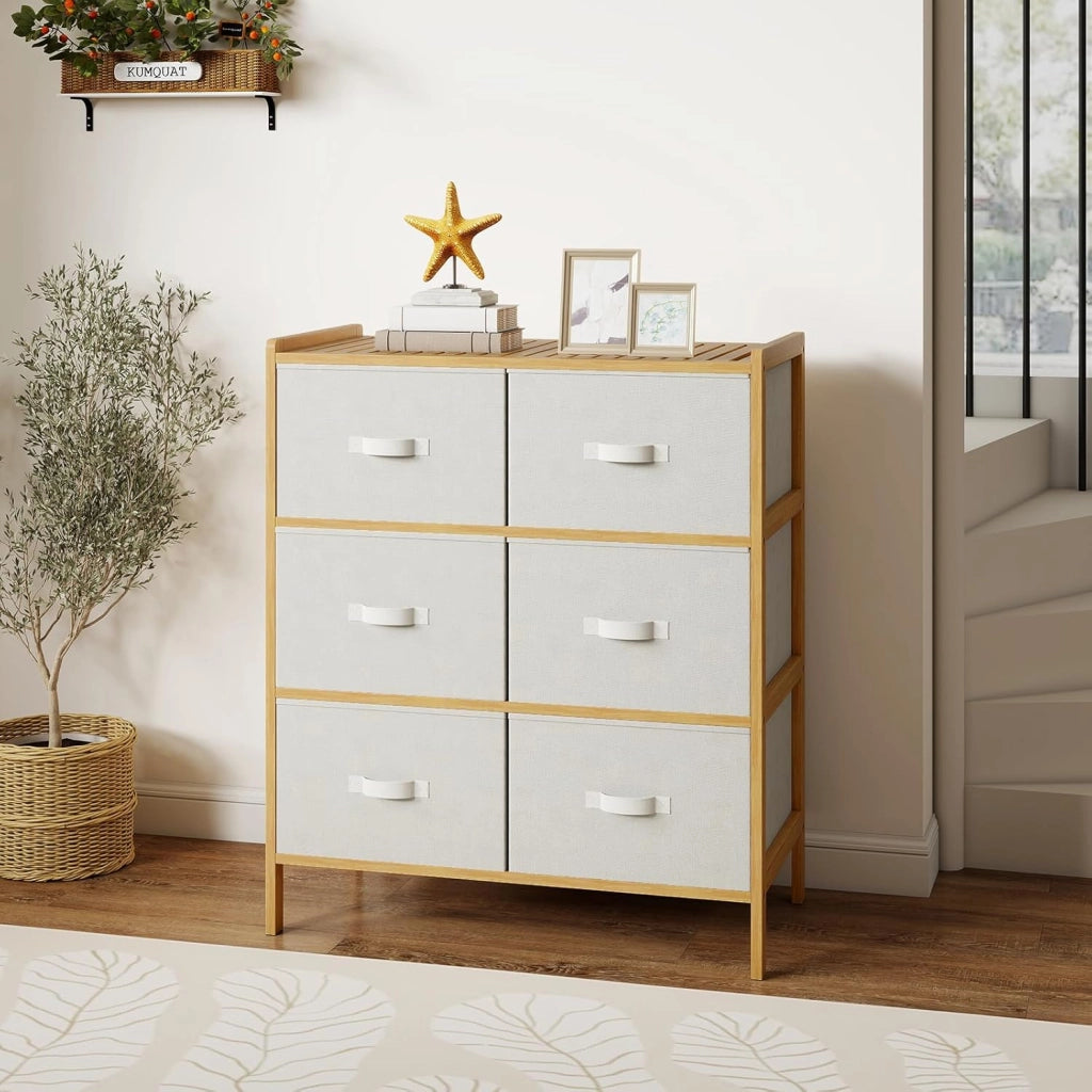 Cassettiera con 6 cassetti pieghevoli in tessuto, cassettiera in bambù a 3 livelli, mobile organizer con dispositivo antiribaltamento, armadio di stoccaggio per camera da letto, soggiorno
