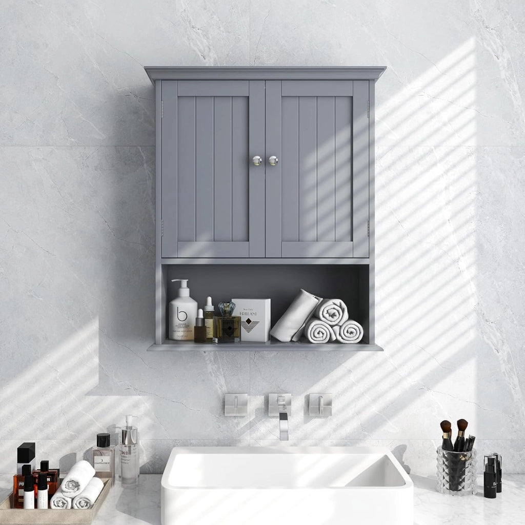 Armadio da Bagno Sospeso, con Ripiano Aperto, Armadio da Bagno con Ante e Mensola Regolabile, Pensile per Camera, Cucina, 60 x 19 x 71 cm