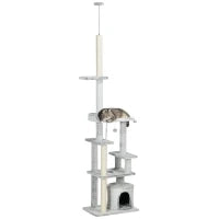 Albero Tiragraffi per Gatti a Soffitto con Piattaforme e Casetta, 60x40x225-255cm, Grigio