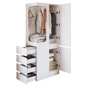 Armadio singolo 70×40×170 cm con 4 cassetti e vano appendiabiti aperto; legno; bianco