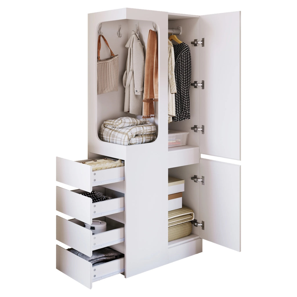 Armadio singolo 70×40×170 cm con 4 cassetti e vano appendiabiti aperto; legno; bianco