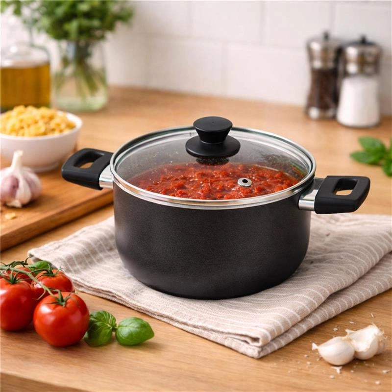 CASSERUOLA IN ALLUMINIO CON COPERCHIO IN VETRO  ANTIADERENTE E ANTIGRAFFIO 18 CM