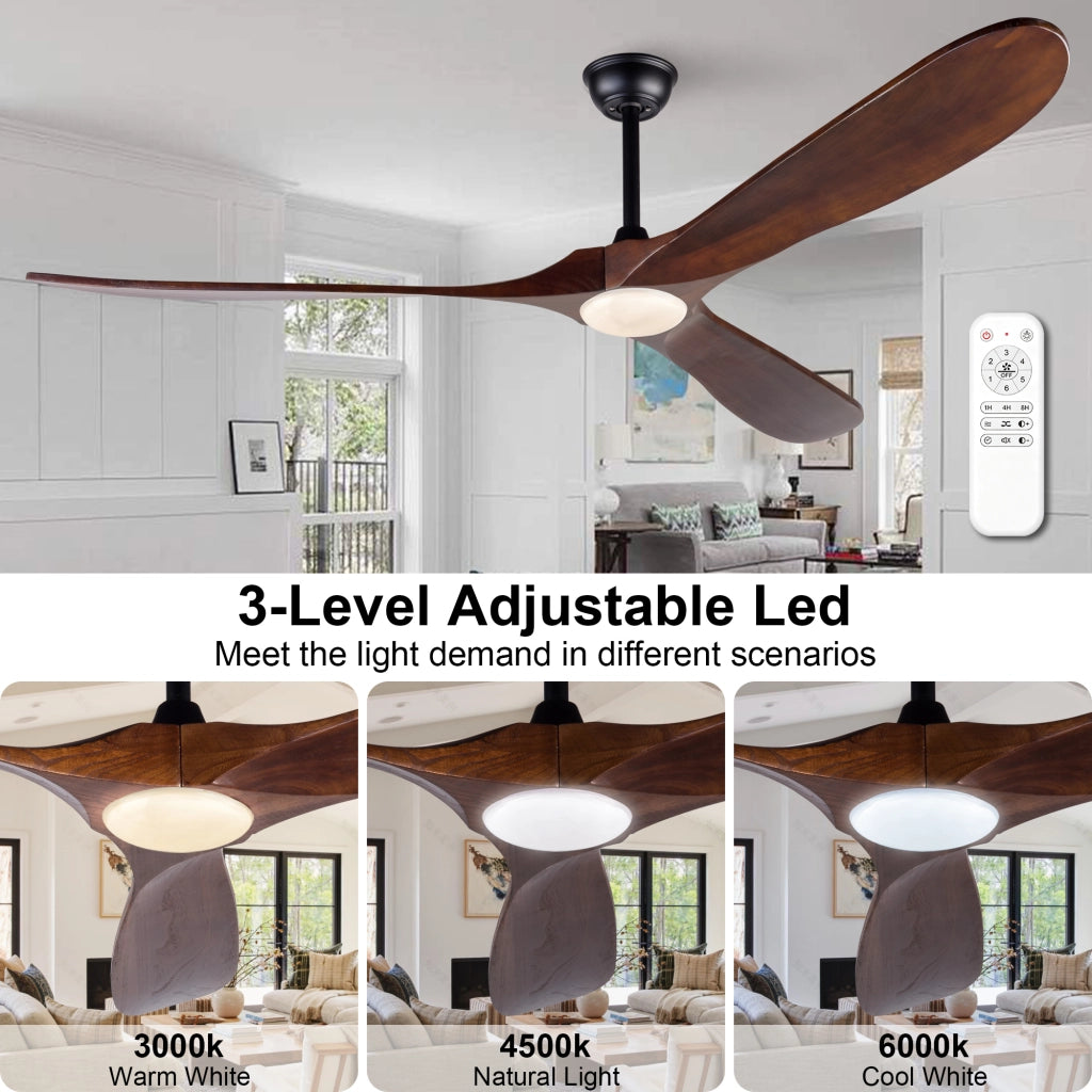 Ventilatore 70 pollici con illuminazione e telecomando, 3 pale legno massello, 3CCT dimmerabile, motore DC silenzioso, 6 velocit¨¤, timer
