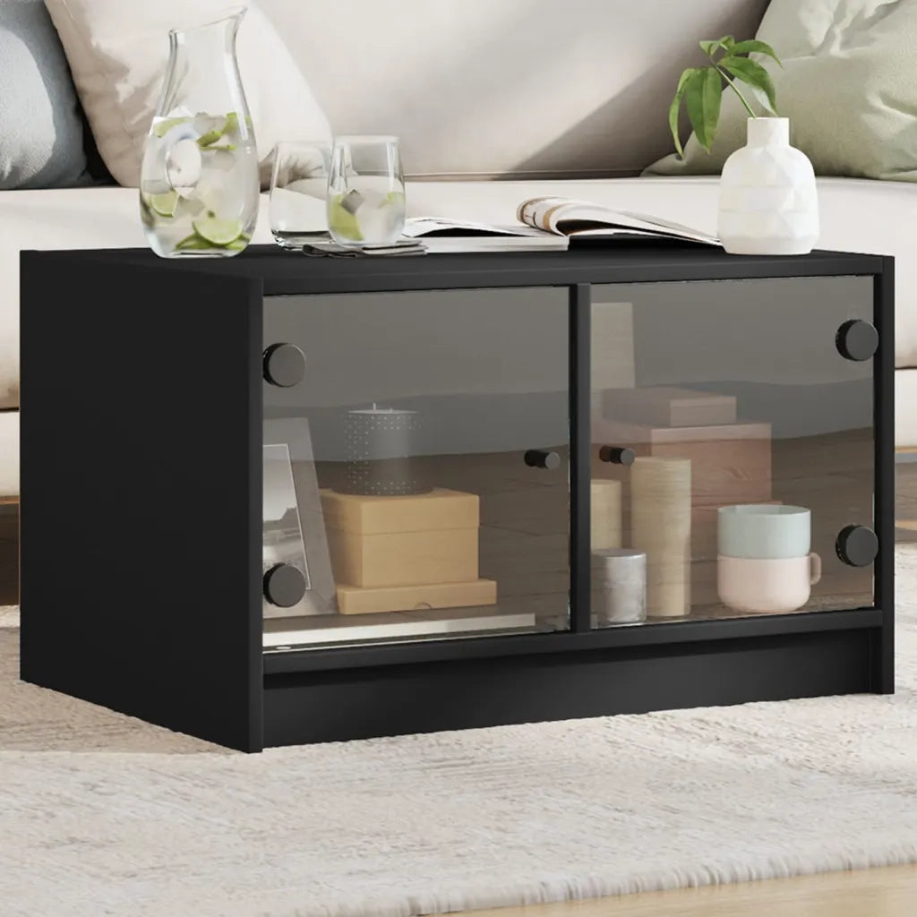 Tavolino da Salotto con Ante in Vetro-Tavolino da soggiorno Nero 68x50x42 cm