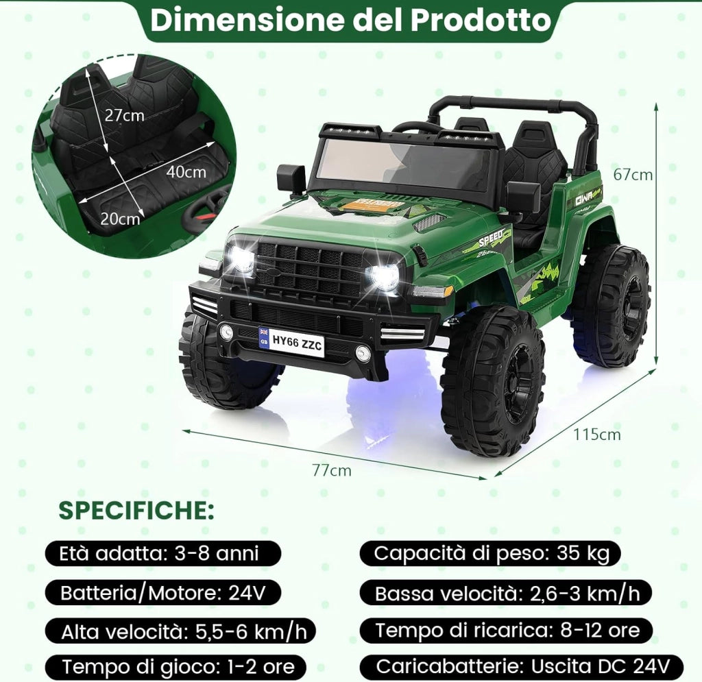 24V Auto per Bambini con Telecomando, Macchina Elettrica con 2 Posti musica Bluetooth luci, 2 Velocità Regolabile, Regalo per Bambini 3-8 Anni (Verde)