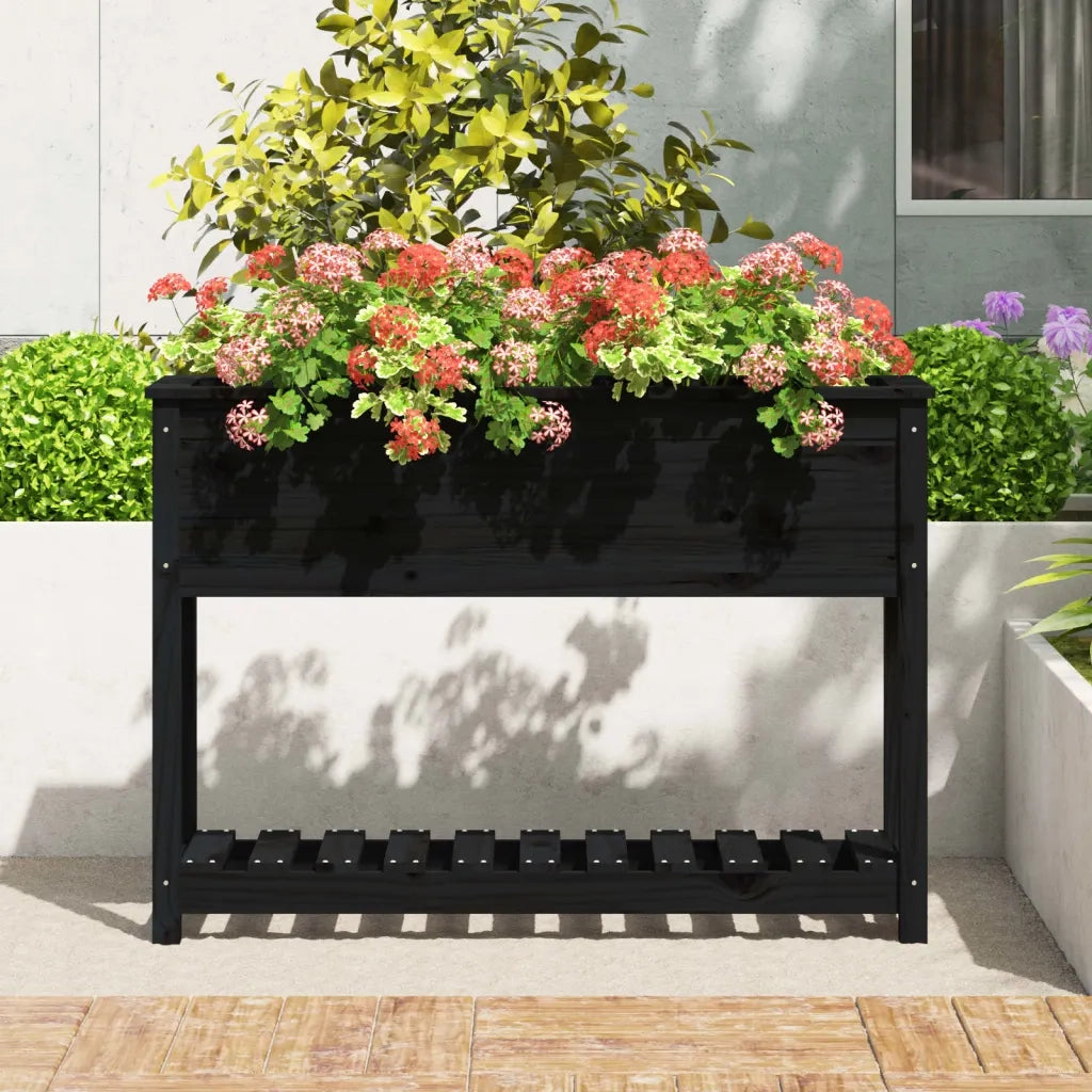 Fioriera | Cassetta per fiori | Vaso con Mensola Nera 111,5x34,5x81 cm Legno Massello Pino