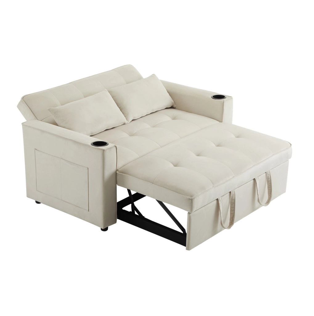 Divano letto 2 posti in velluto beige con portabevande e tasche