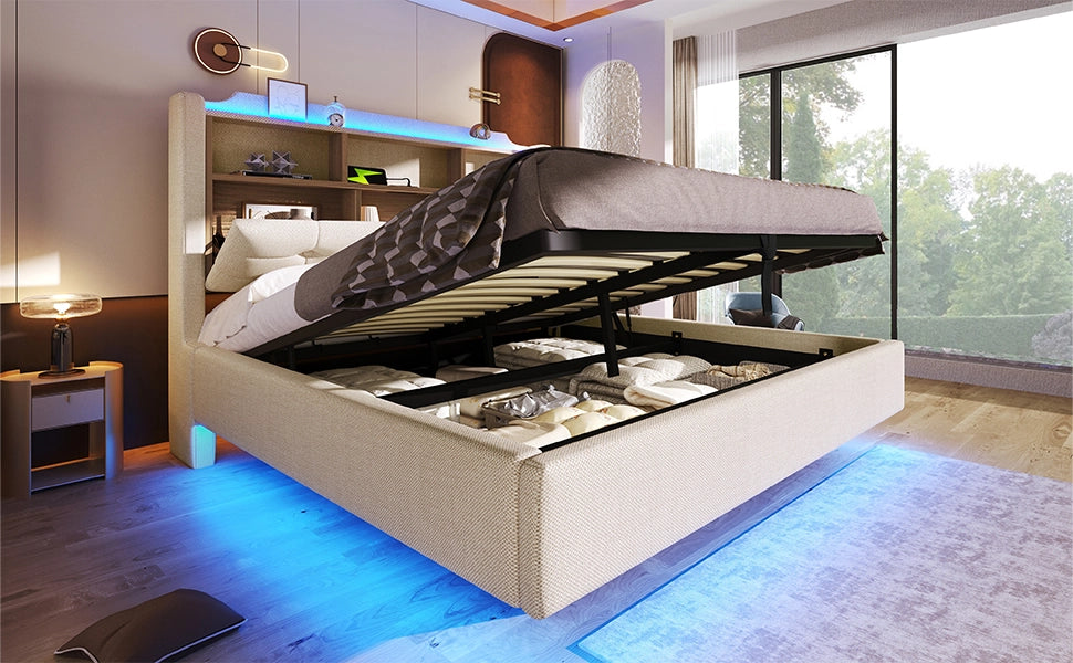 DESMIU Lit con contenitore 140 × 200 cm 2 posti con LED, USB e Type-C, apertura idraulica, senza materasso, beige