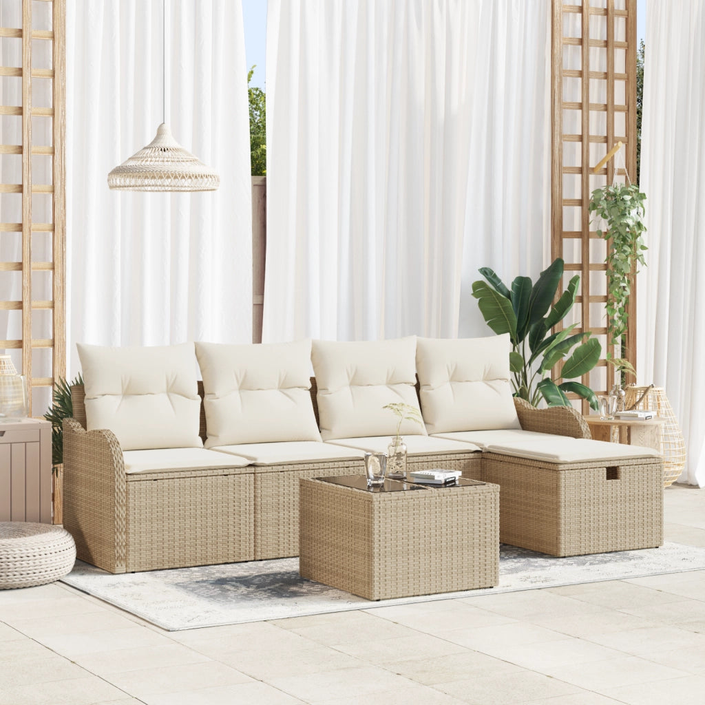 Set Divano da Giardino a 6 Pezzi con Cuscini Beige in Polyrattan