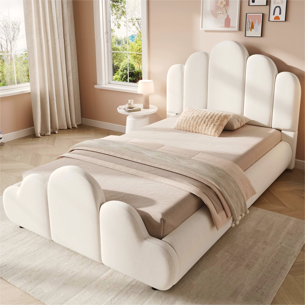 Letto singolo imbottito 90x200 cm in velluto beige con testiera, struttura arrotondata e rete inclusa