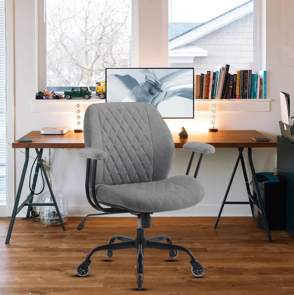 Sedia ergonomica da ufficio e casa in pelle grigia; altezza regolabile; braccioli removibili