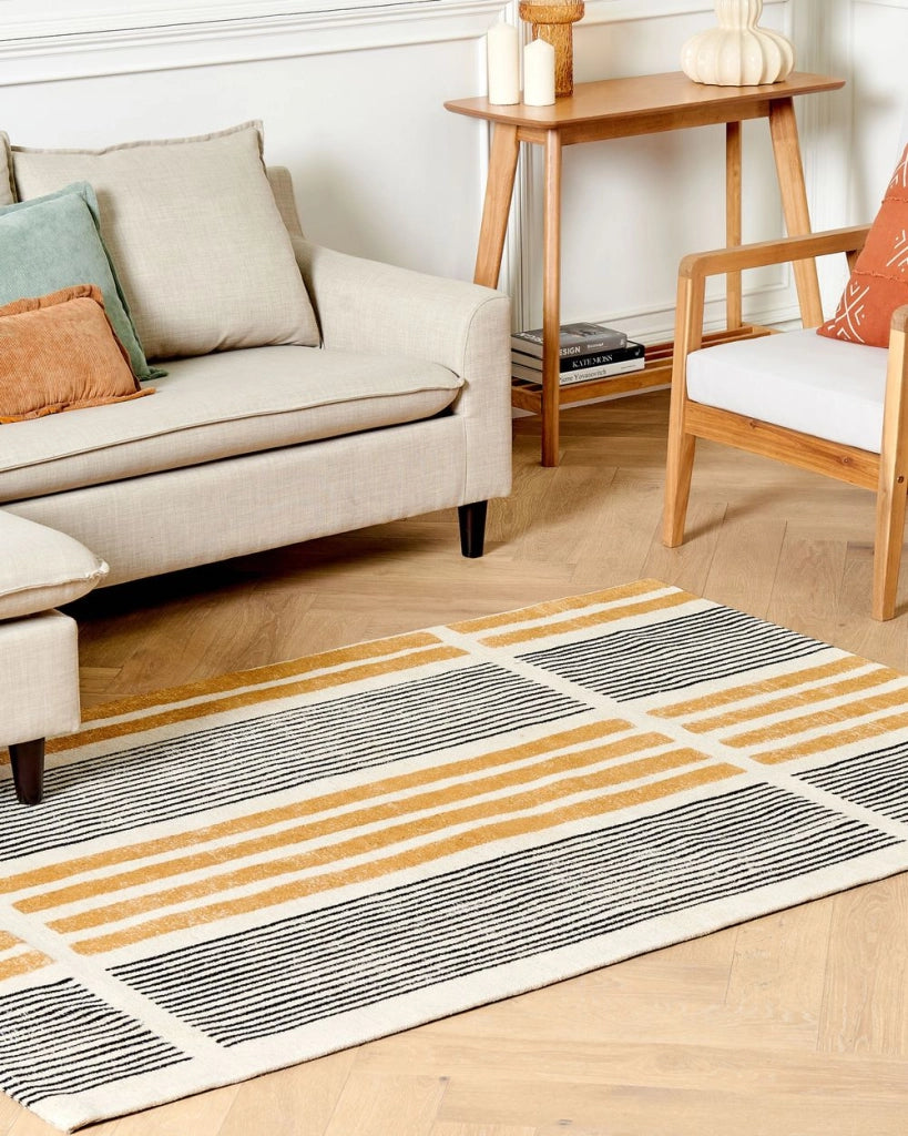 Tappeto giallo e nero in cotone 140 x 200 cm a trama piatta Jacquard con motivo a righe Boho Soggiorno Camera da letto