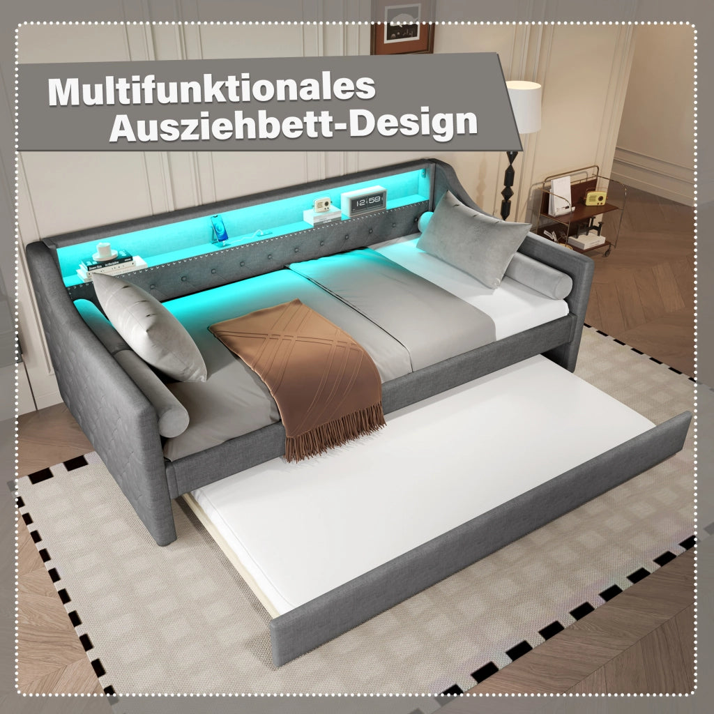 Letto singolo 90×200 cm con LED; USB e letto estraibile; senza materasso; lino; grigio