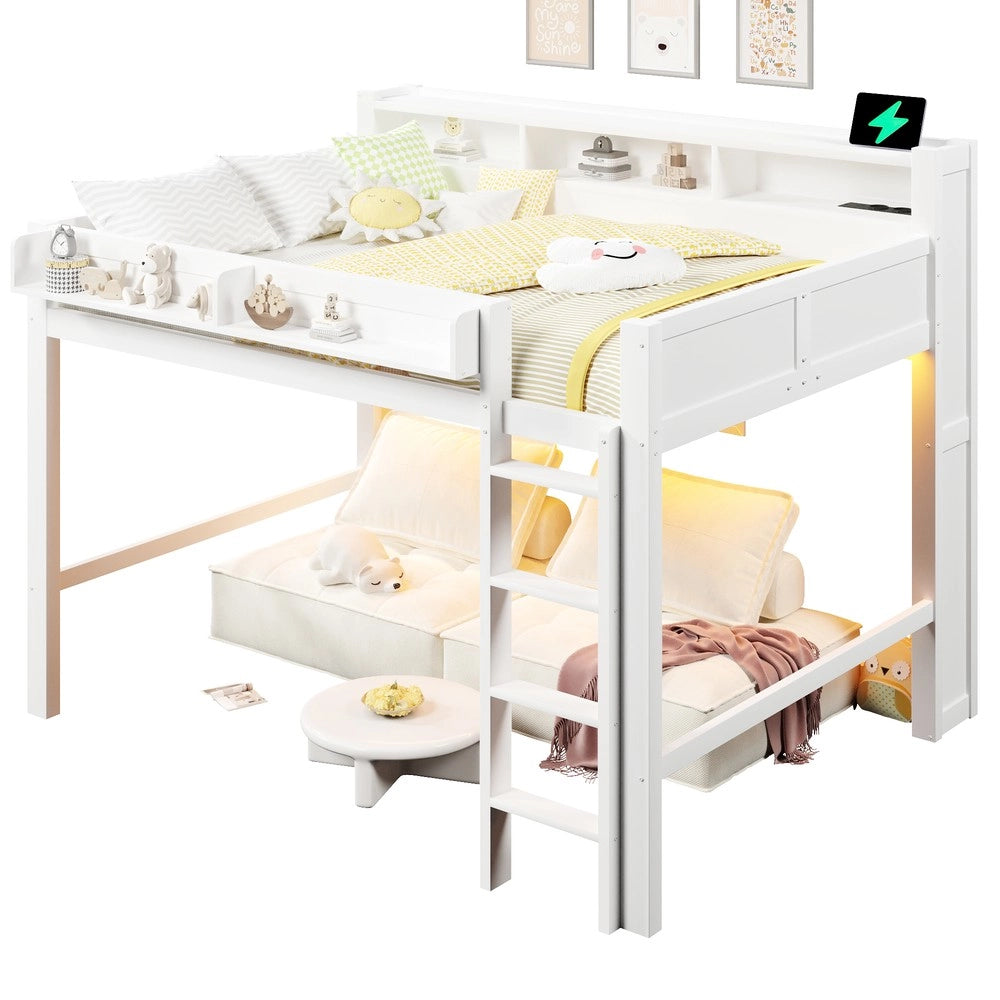 Letto a Soppalco in Legno con LED e USB ¨C MINIMAL ¨C Bianco 140x200 cm