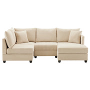 Divano modulare 5 posti con pouf mobile e schienale ergonomico in effetto lino beige