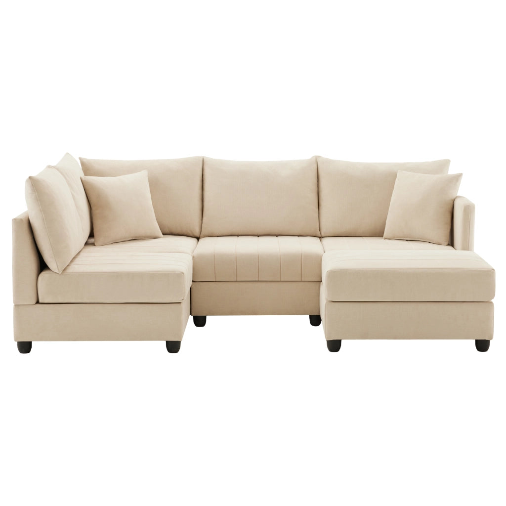 Divano modulare 5 posti con pouf mobile e schienale ergonomico in effetto lino beige