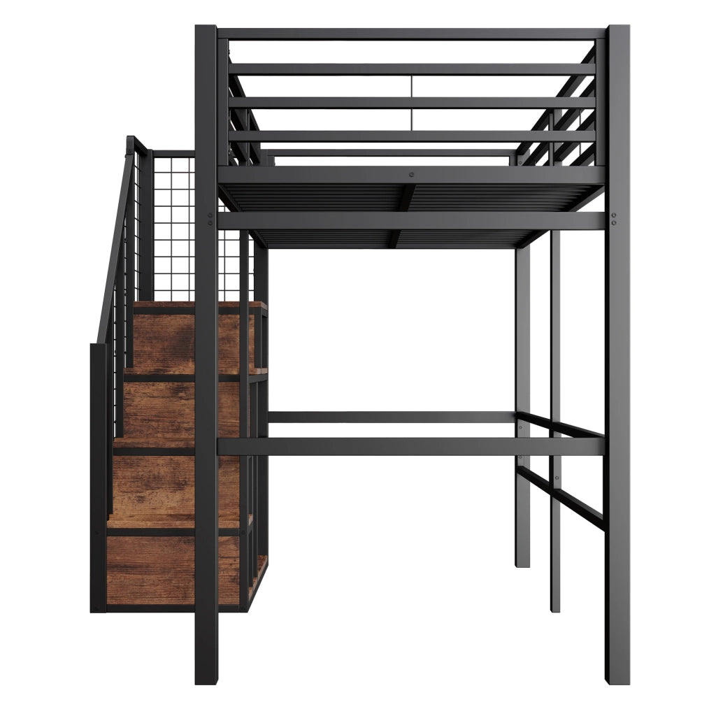 Letto a soppalco singolo 90 × 200 cm con scomparto portaoggetti e scaletta, senza materasso, in metallo, nero
