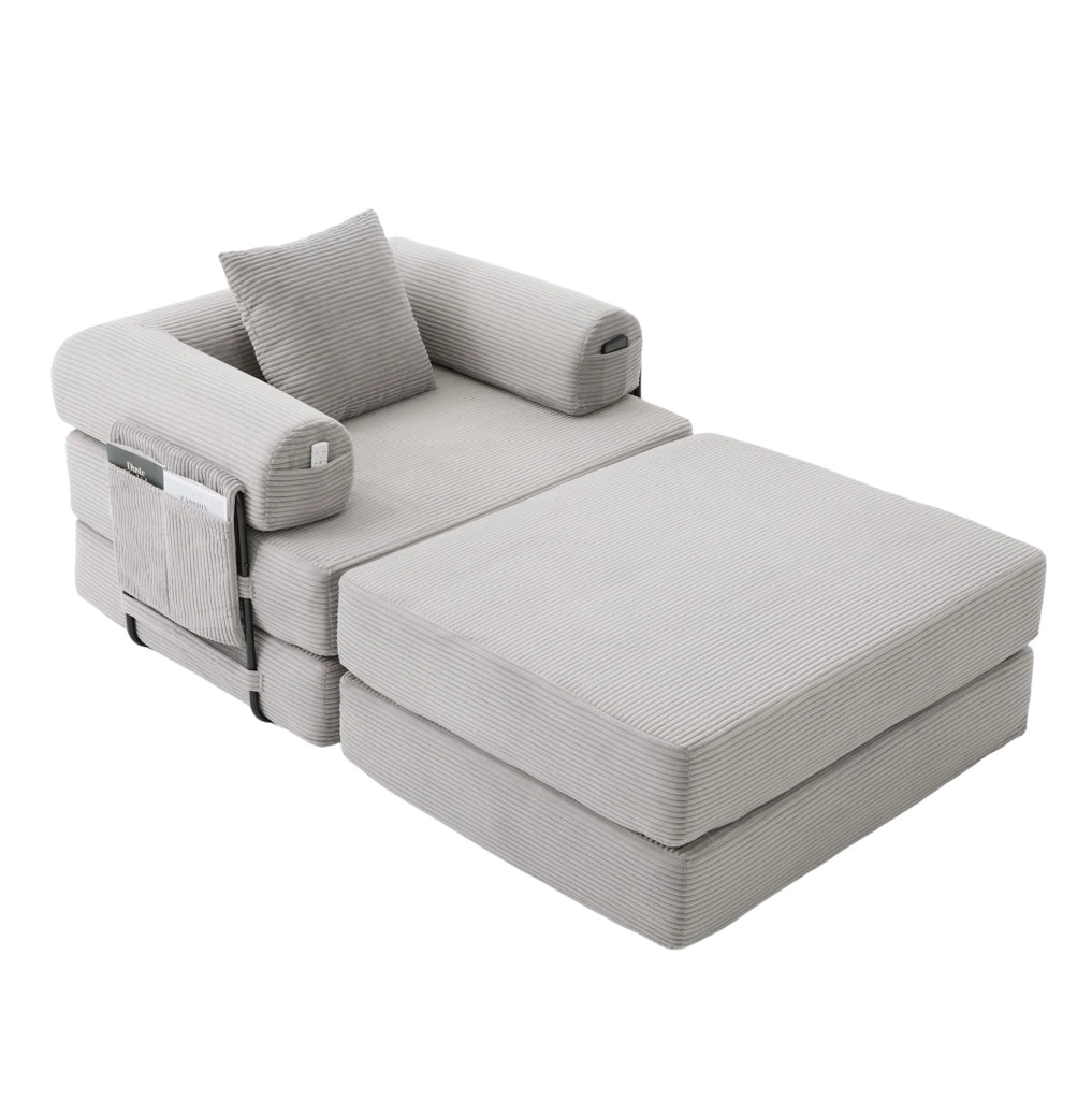 Divano modulare in velluto a coste grigio chiaro con pouf; 112x190x67 cm; senza montaggio
