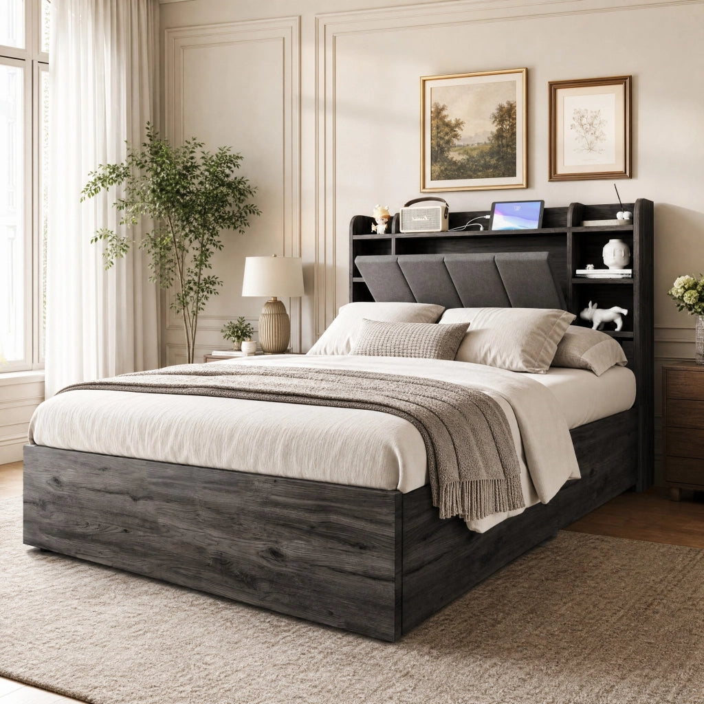 Letto singolo multifunzione 140x200 cm con contenitore idraulico; USB e USB-C; grigio