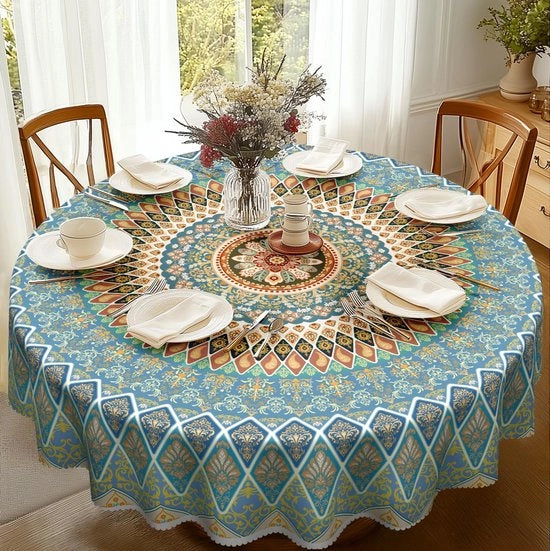Tavolo da Giardino Rond 150 cm, Tavolo da Giardino Boho con Mandala, Tavolo da Giardino Blu Fiori, Tavolo da Giardino in Poliester, Resistente al Tempo, Impermeabile per Tavolo da Giardino, da Cucina e da Pranzo, per Feste