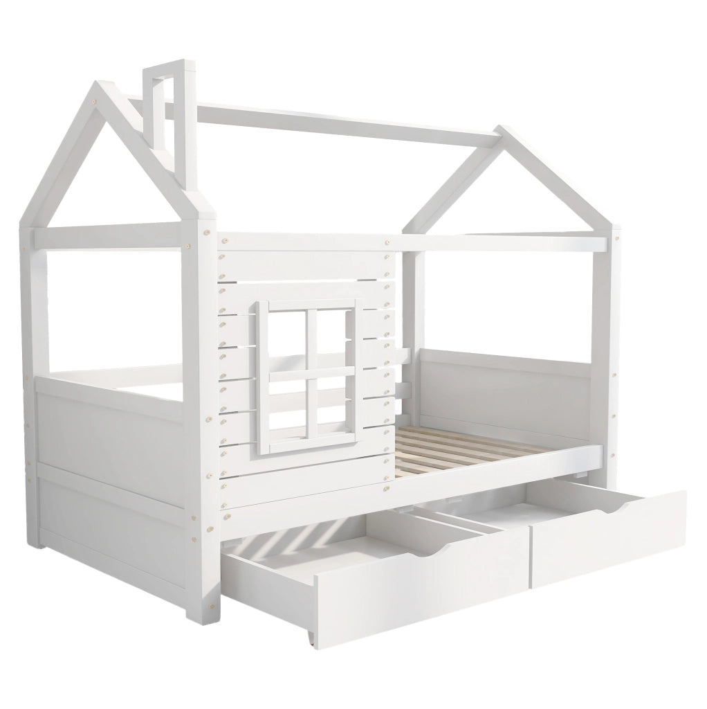 Letto a casetta per bambini 90x200 cm bianco con cassetti