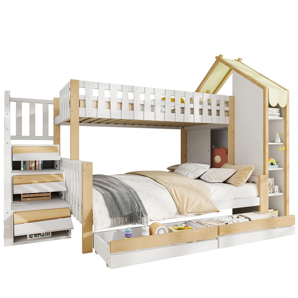 Letto a castello-Xylo-90x200+140x200cm, 2 cassetti, barriera, scala
