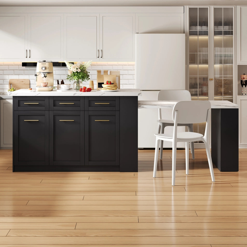 Isola da Cucina Nera 150/246x90x90 cm con Tavolo Estraibile 96 cm; Piano Effetto Marmo; 6 Cassetti e Ripiani