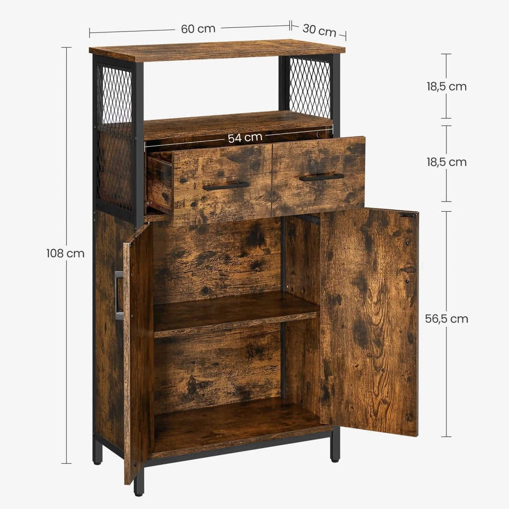 Mobile contenitore/credenza 60 x 30 x 108 cm con cassetto e ripiano regolabile mobiletto da bagno struttura in acciaio per soggiorno/cucina stile industriale marrone rustico e nero 12_0006442