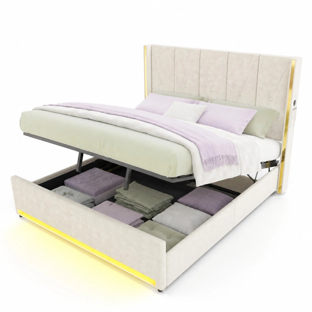 Letto contenitore 180x200 cm in velluto beige con vano， USB e LED， senza materasso