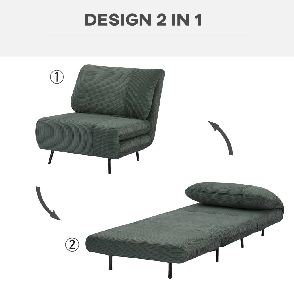 Poltrona Letto Singolo Trasformabile 82x89x83 cm in Legno e Acciaio Tessuto Velluto a Coste Verde