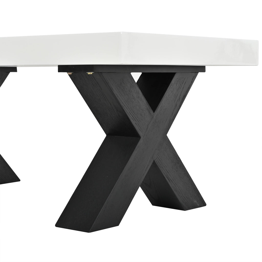 Tavolino basso rettangolare con piano lucido e gambe a X, per soggiorno, in MDF, bianco e nero, 100 × 50 × 40 cm