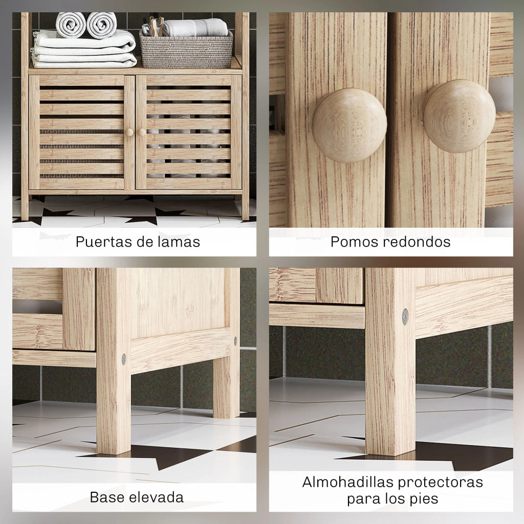 Mobile da Bagno in Bamb¨´ con 3 Ripiani e Ante a Lamelle ¨C Zephmum ¨C Naturale e Bianco 63x30x138 cm