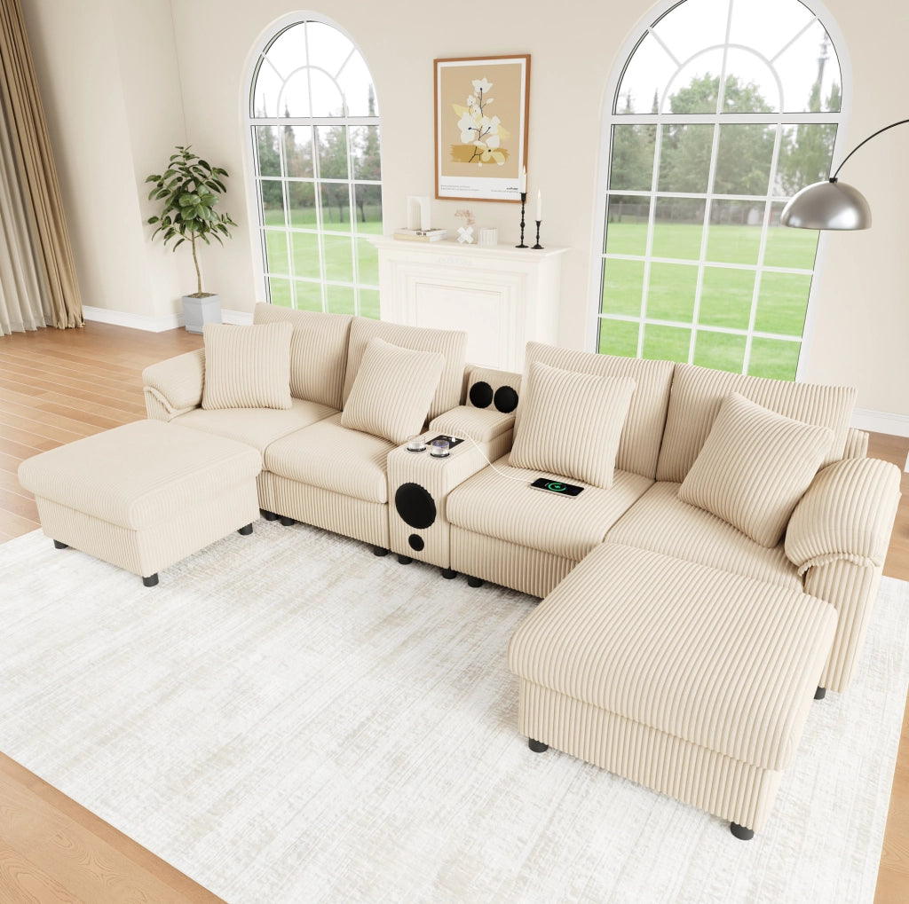 Sofa modulare con Bluetooth; ricarica wireless; USB e Type-C; contenitore; beige