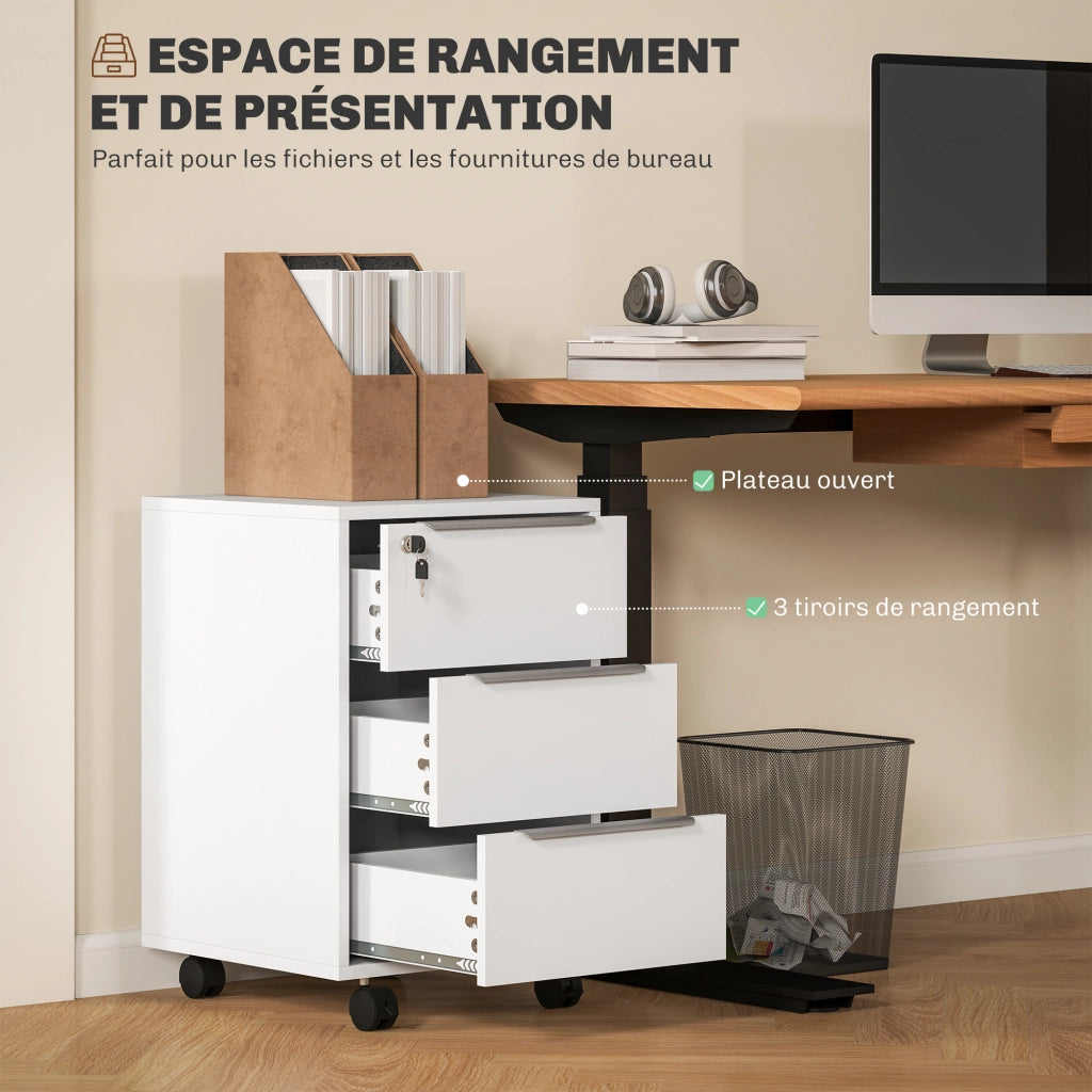 Scrivania a rotelle con 3 cassetti e serratura ¨C zephmum ¨C bianco 40x40x63.5 cm