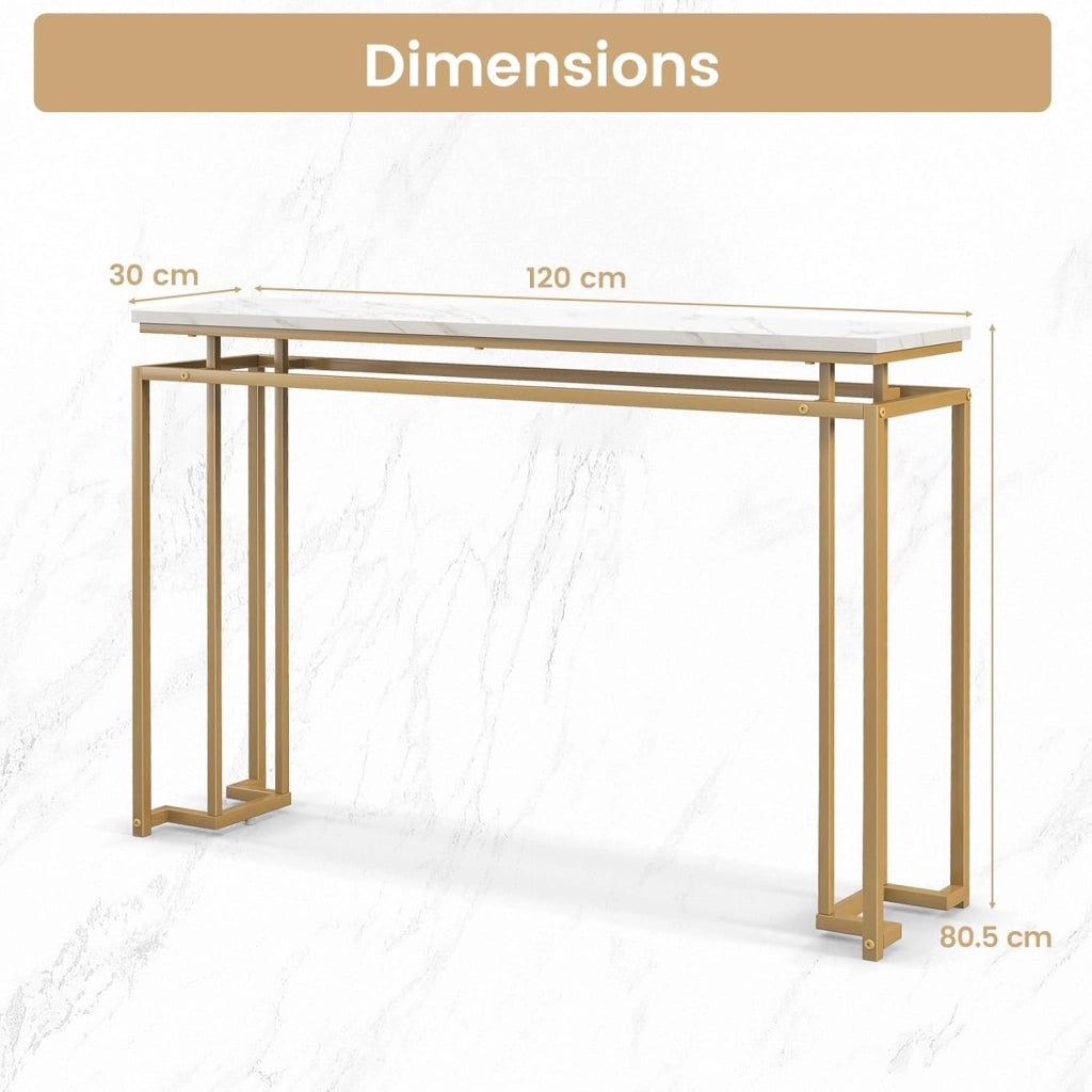 Tavolo Consolle 120cm, Tavolo da Ingresso Sottile con Piano in Finto Marmo e Telaio in Metallo, Piedini Regolabili e Dispositivo Antiribaltamento, Tavolino Elegante per Corridoio, Soggiorno