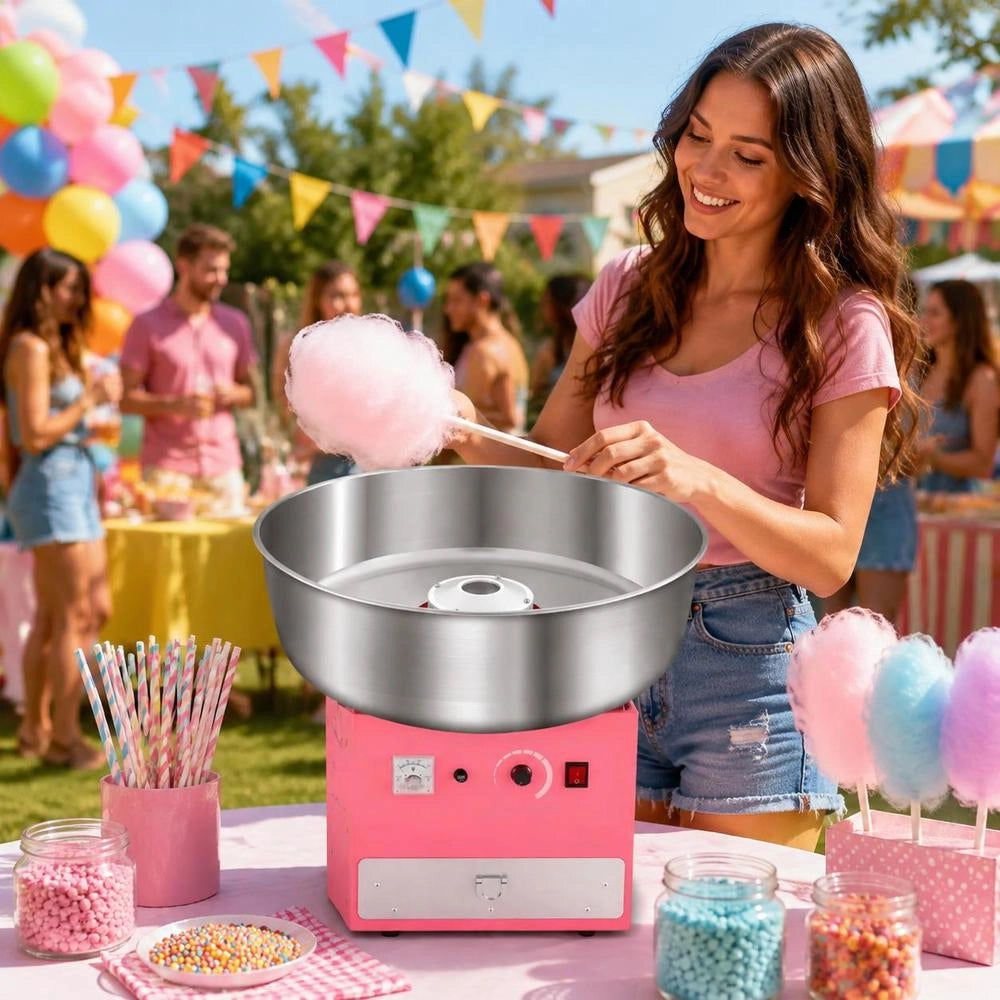 Electric Cotton Candy Machine, Commercial Cotton Candy Equipment (1000 W) With 52 Cm Stainless Steel Bowl, Sugar Spoon, And Drawer, Perfect For Children's Birthdays, Family Celebrations, And Parties. Pink