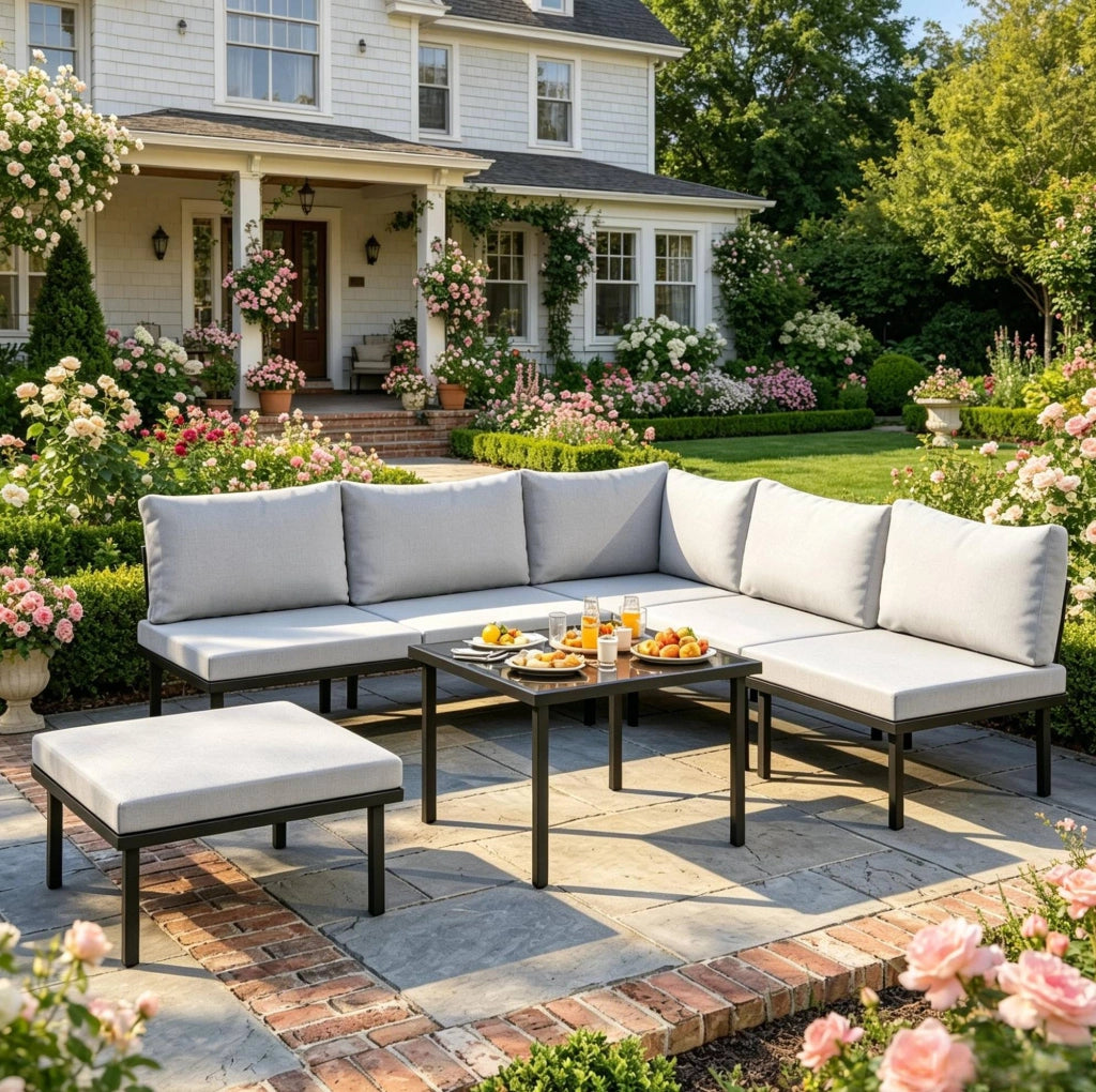 Set da giardino modulare 6 pezzi con tavolino; nero e grigio chiaro