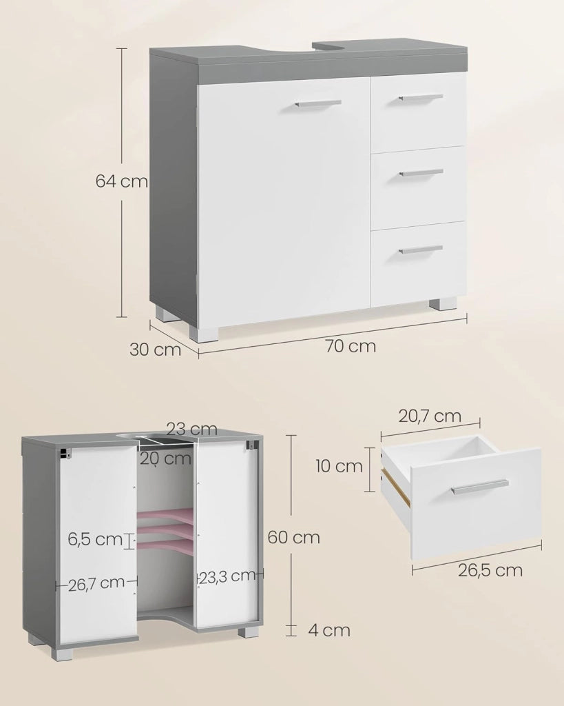 VASAGLE Mobile Sottolavabo per Bagno, Mobiletto da Bagno, 3 Cassetti Laterali, 2 Scomparti dietro l'Anta, per Lavabi con Colonna, con Piedini, 30 x 70 x 64 cm, Bianco Nuvola e Grigio Tortora BBK504W02