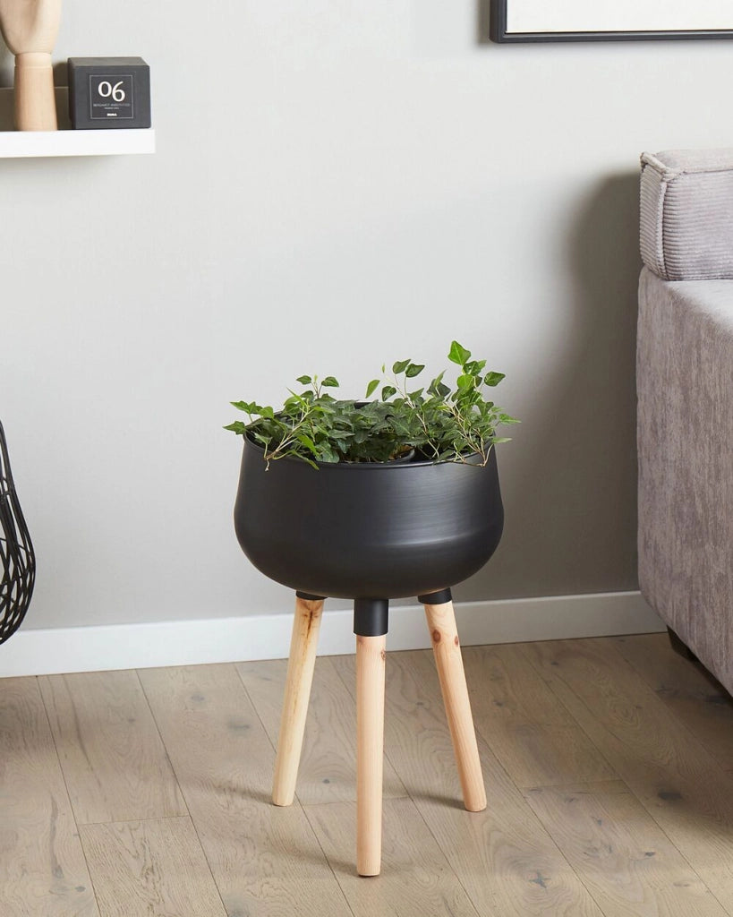 Vaso per Fiori Moderno con Gambe in Legno 30 x 30 x 47 cm Metallo di colore Nero interno esterno