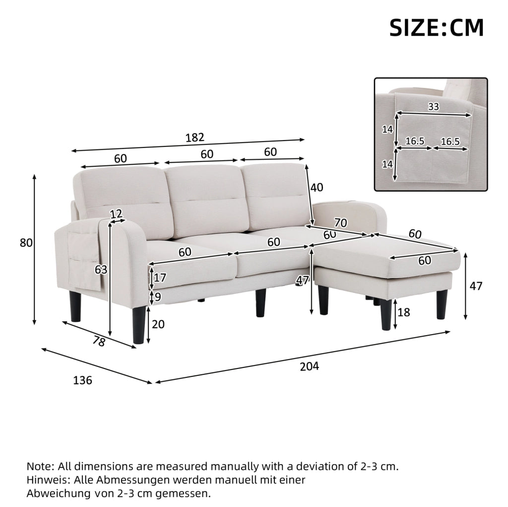 Divano angolare modulare 3 posti con chaise longue e tasche laterali beige 204x136 cm