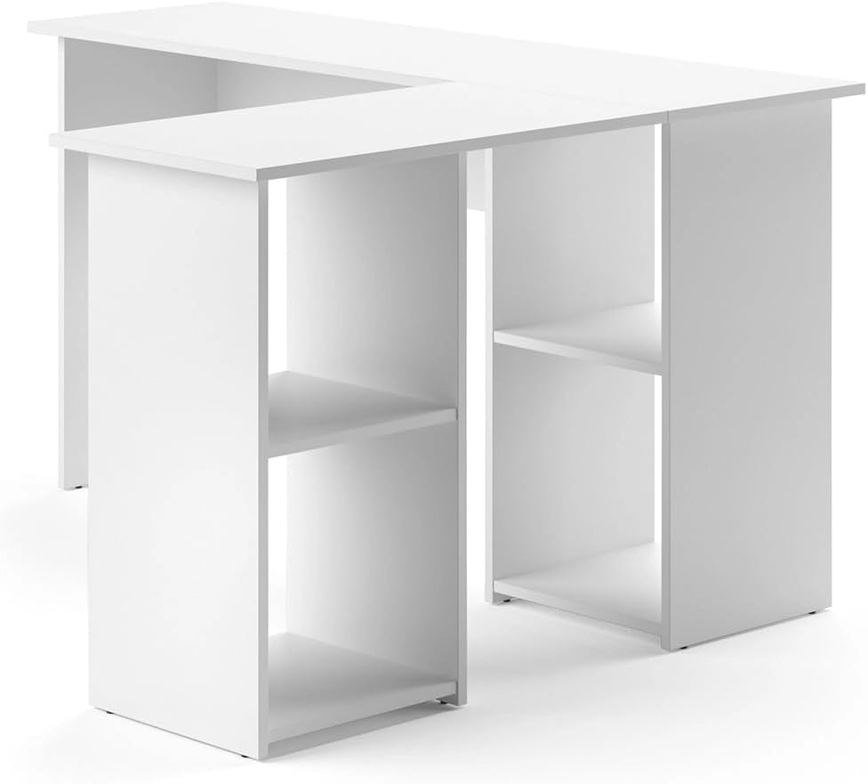Scrivania angolare Carlo, Bianco, 136 x 112 cm, con ripiani aperti per una configurazione flessibile dello spazio di lavoro