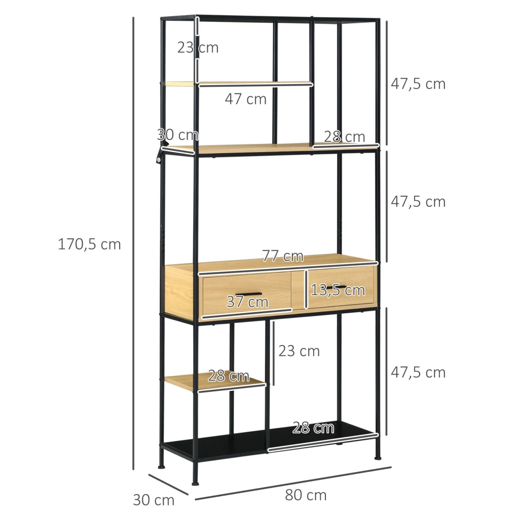 Libreria Scaffale 5 Livelli con 2 Cassetti in Metallo ¨C zephmum ¨C Rovere 80x30x170,5 cm