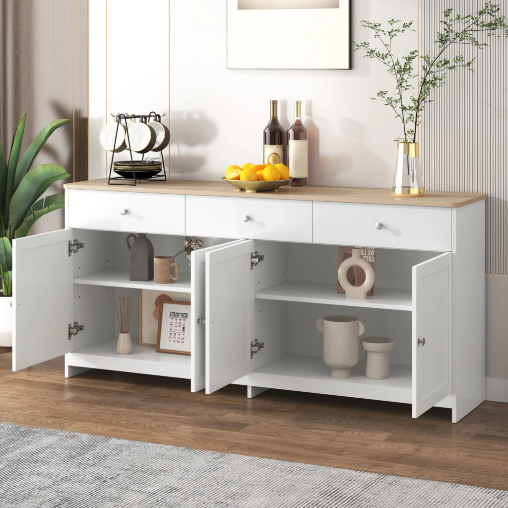Madia 160x37x75 cm in MDF; 4 ante e 3 cassetti; ripiani regolabili; bianco e legno