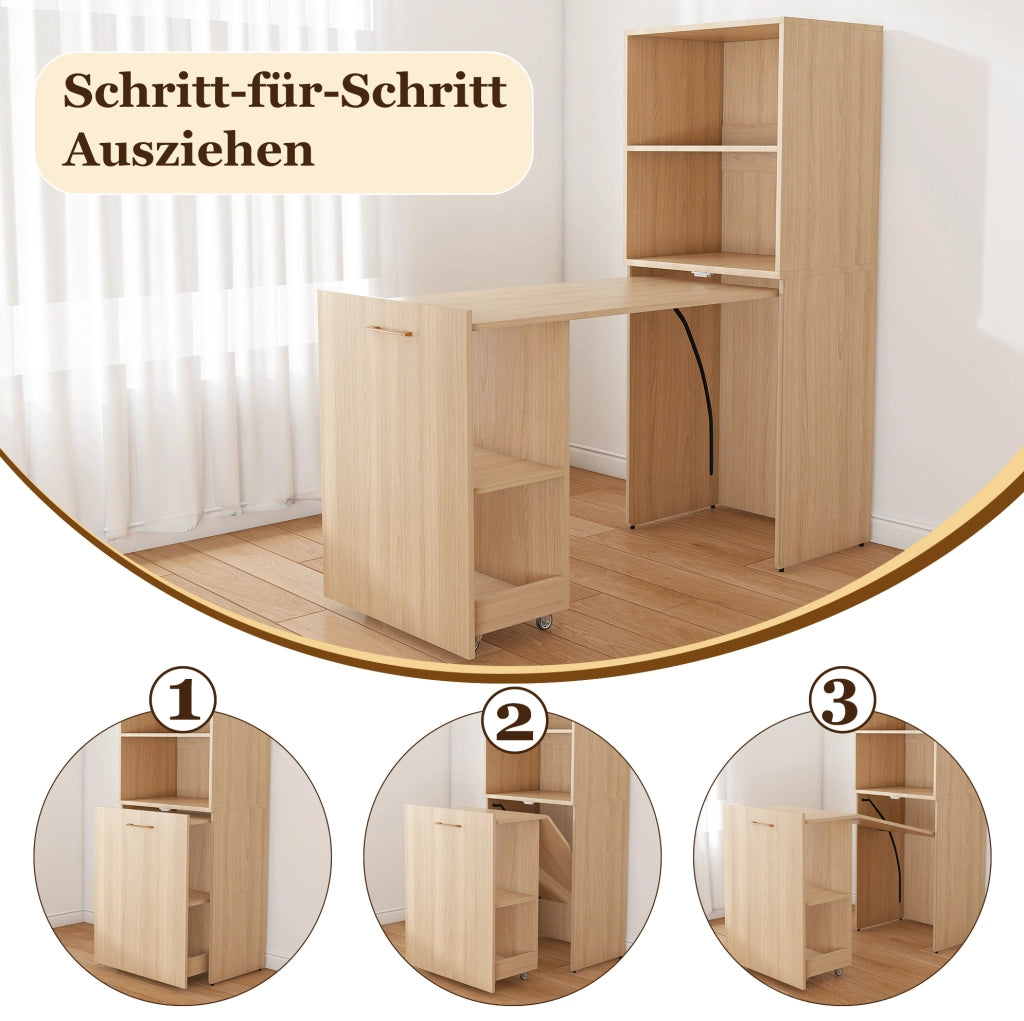 Scrivania estraibile con mobile contenitore in legno naturale