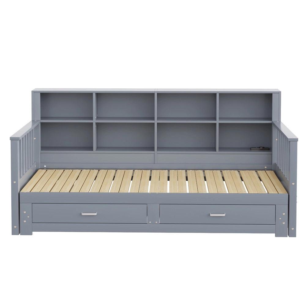 Letto Singolo Contenitore Estendibile in Legno Massello di Pino ¨C MINIMAL ¨C 90x190 cm, Grigio, con Cassetti e Doghe