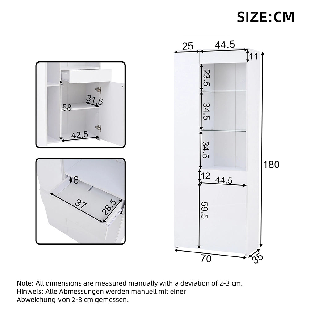 Vetrina 70x35x180 cm con cassetti e LED - Xylo - vetrina in vetro, carico max 45 kg, armadio alto