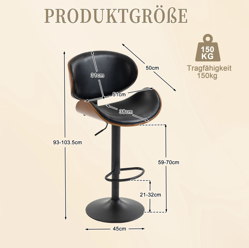 Sgabello da bar girevole 360° regolabile in altezza; in PU nero con schienale ergonomico