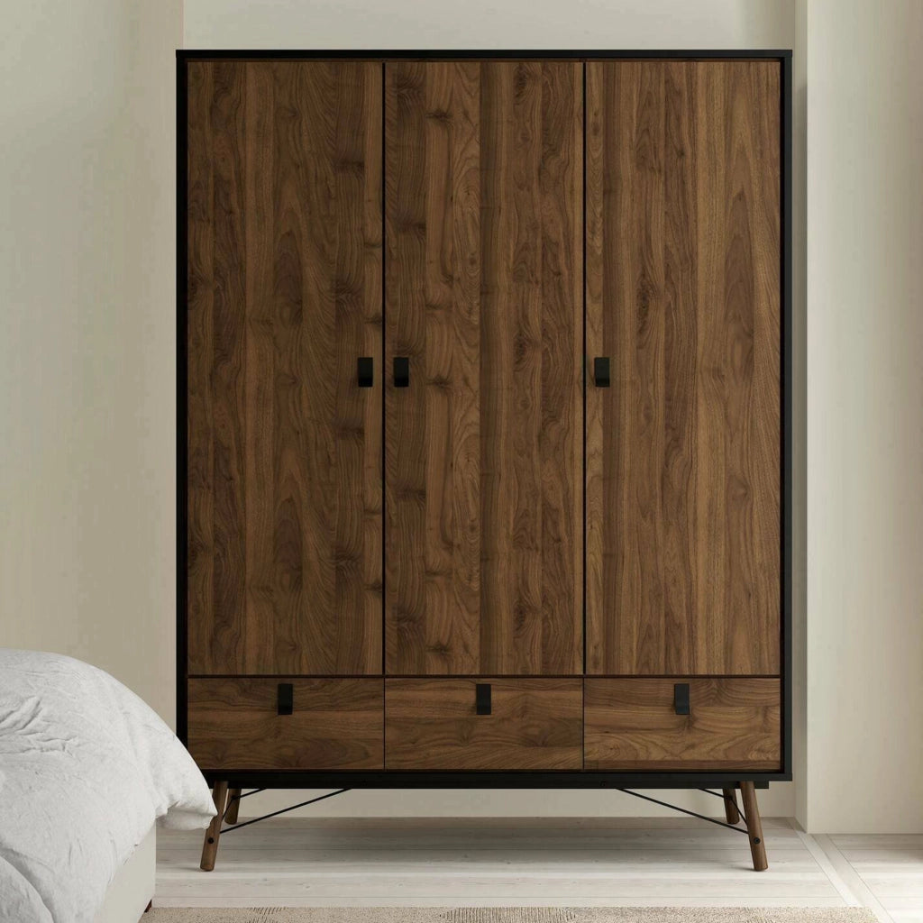 Guardaroba 3 ante Virgil, Mobile camera da letto, Cabina armadio portabiti, Armadio appendiabiti, 150x60 h200 cm, Nero e Noce