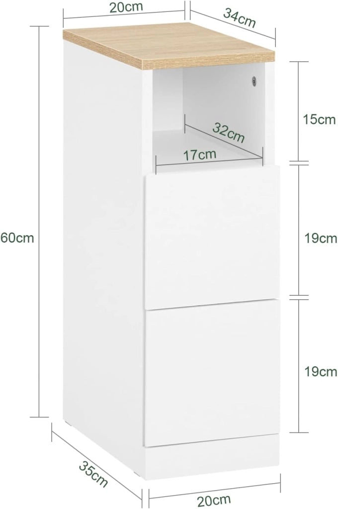 comodino camera da letto stretto 20 cm, tavolino da letto & tavolino salotto con 2 cassetti, mobile salvaspazio per camera e nicchie, ideale per inquilini e letto a molle, bianco, 20x35x60 cm